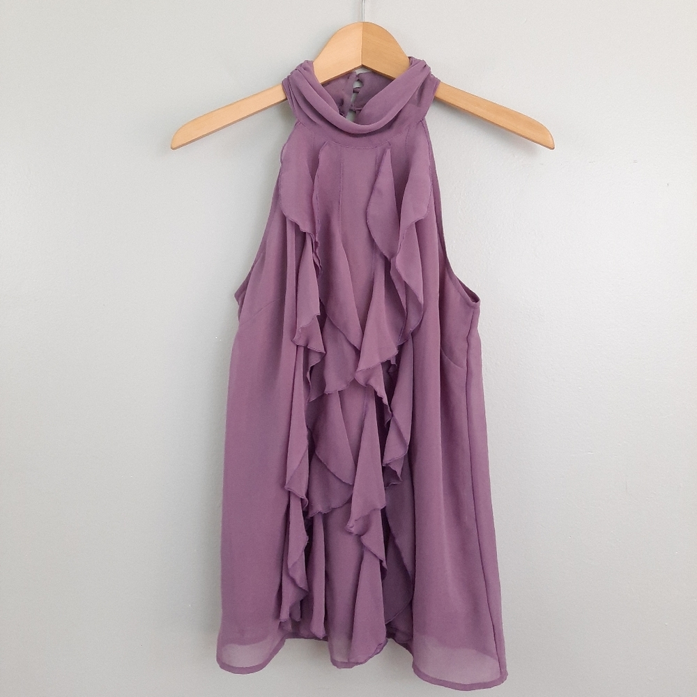 Adiva Purple Ruffle Front High Neck Top